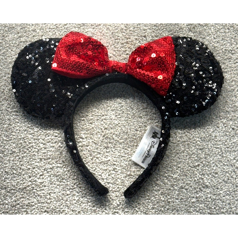 Disney Parks Minnie Mouse‎ Sequin Ears Headband Red Bow Black Sparkle Accessory